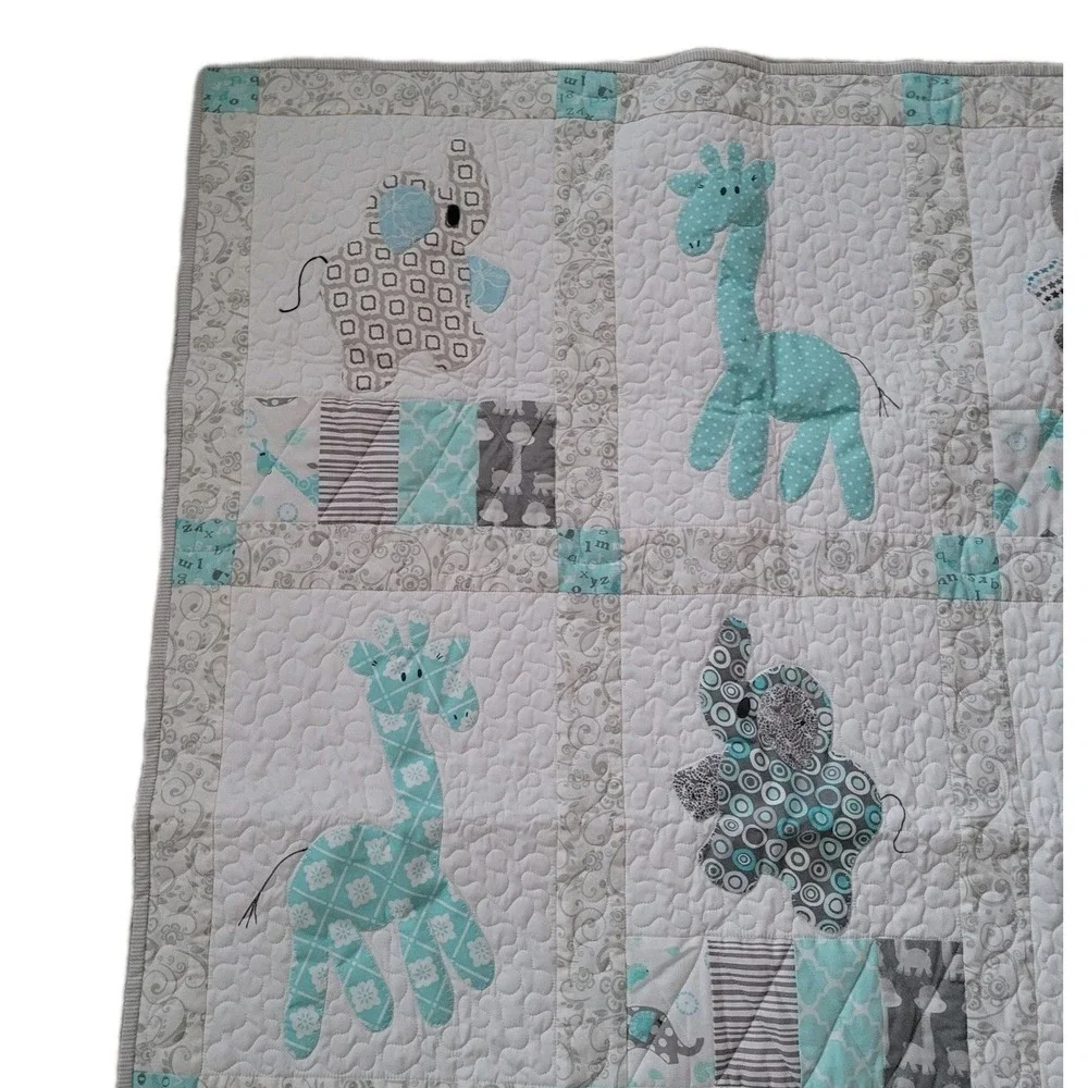 Handmade Baby Quilt Pillow Blue Gray White Elephant Giraffe Applique Nursery Art